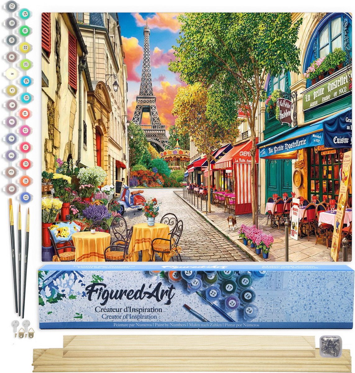 FiguredArt Schilderen op Nummer Volwassenen canvas Straat in Parijs - Handwerk acrylverf Kit DIY Compleet - 40x50cm met DIY houten lijst